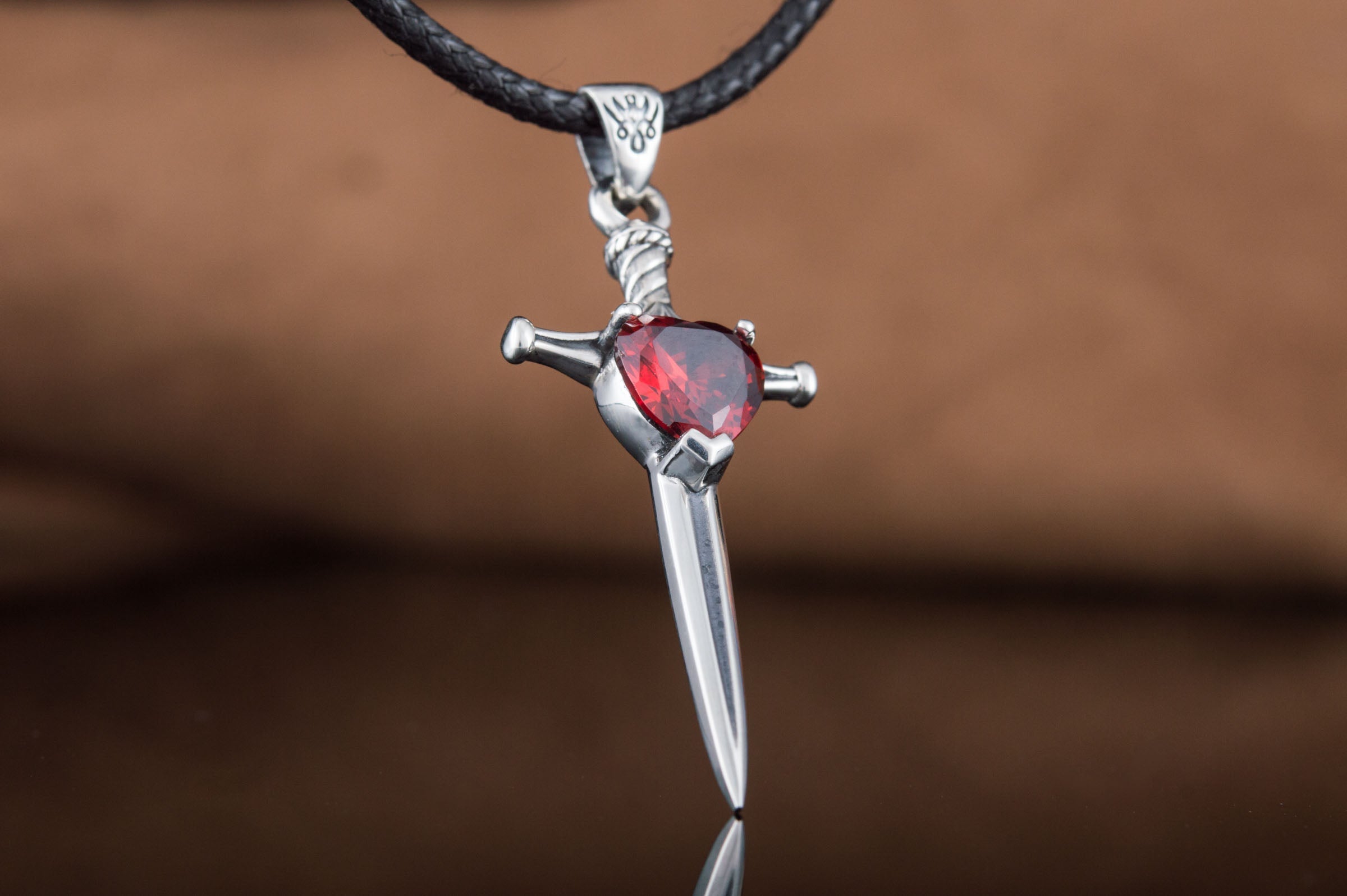 Sterling Silver Viking Sword Pendant | Red Cubic Zirconia Accent