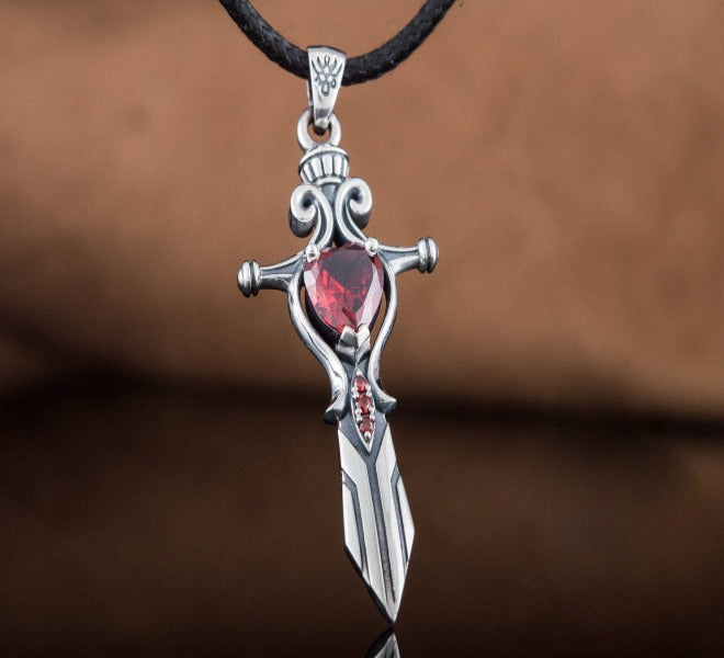 Handcrafted Sterling Silver Viking Sword Pendant | Red Cubic Zirconia