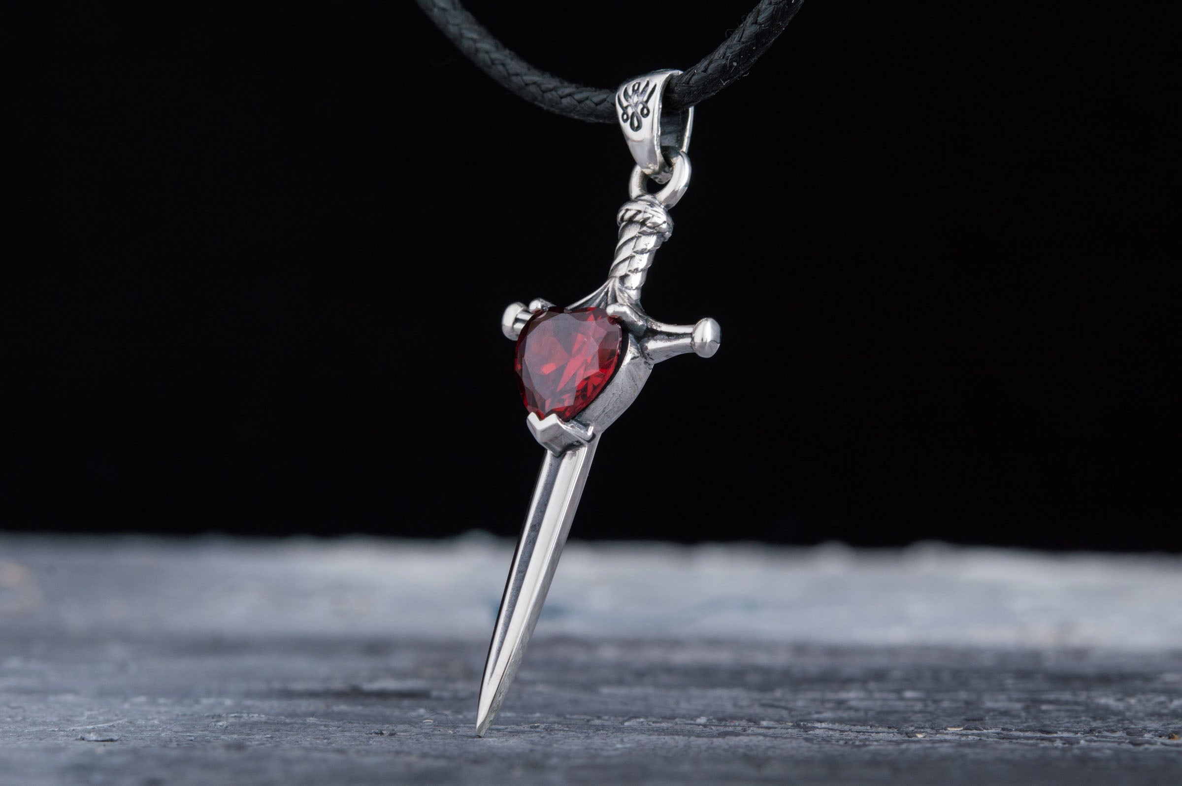 Sterling Silver Viking Sword Pendant | Red Cubic Zirconia Accent