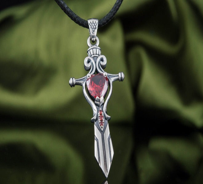 Handcrafted Sterling Silver Viking Sword Pendant | Red Cubic Zirconia