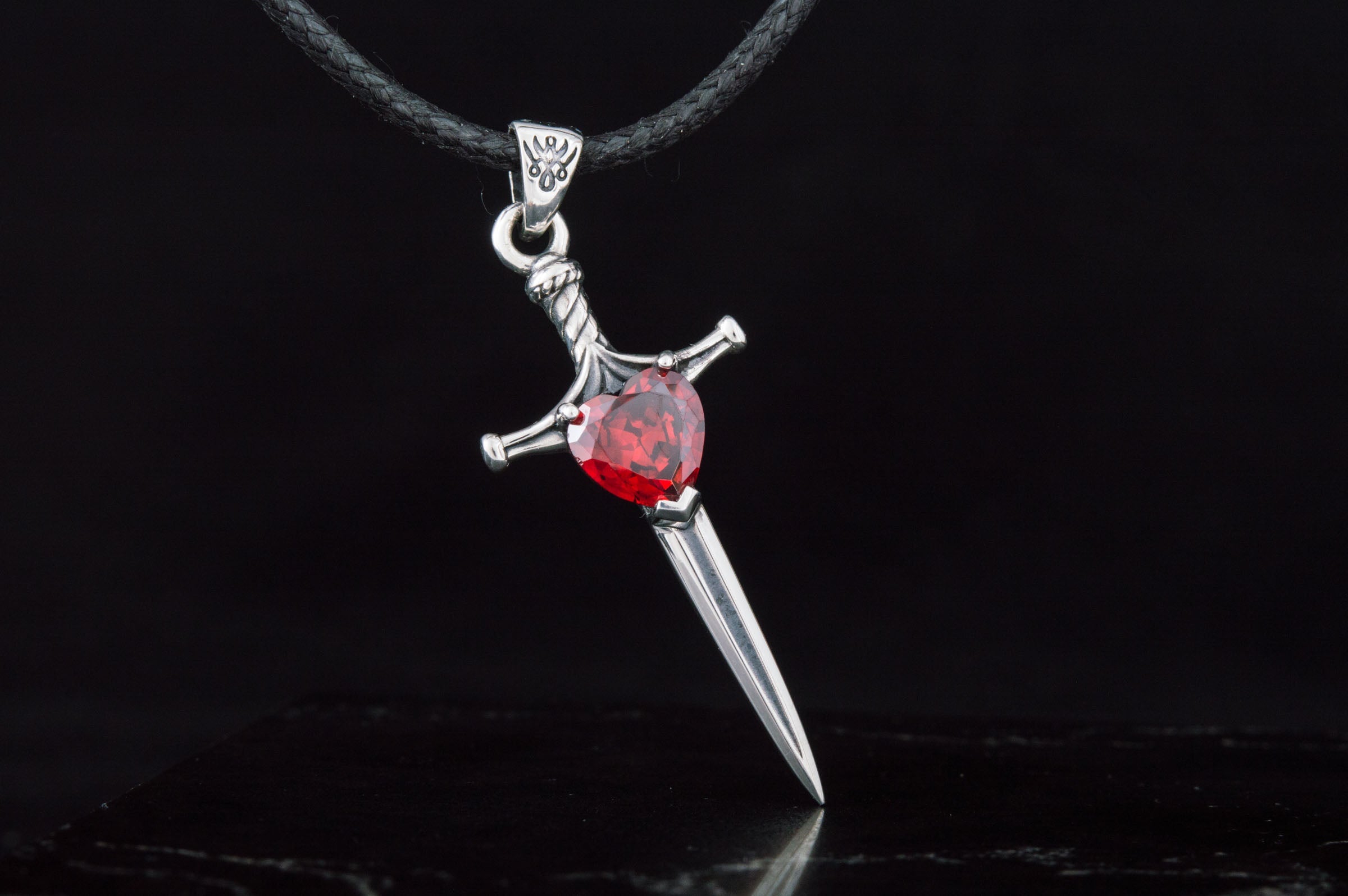 Sterling Silver Viking Sword Pendant | Red Cubic Zirconia Accent