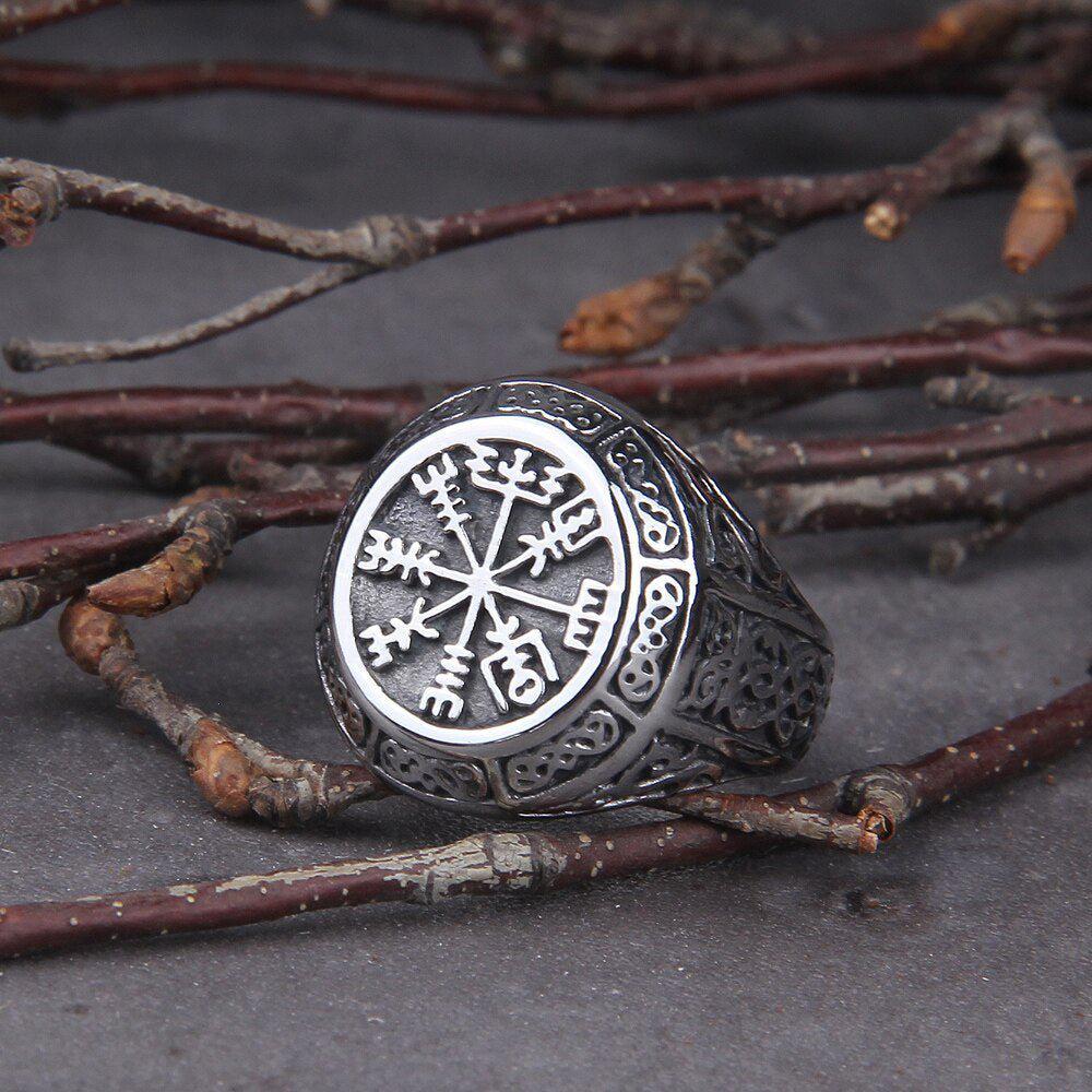 Viking Vegvisir Compass Bold Knotwork Men's Signet Ring