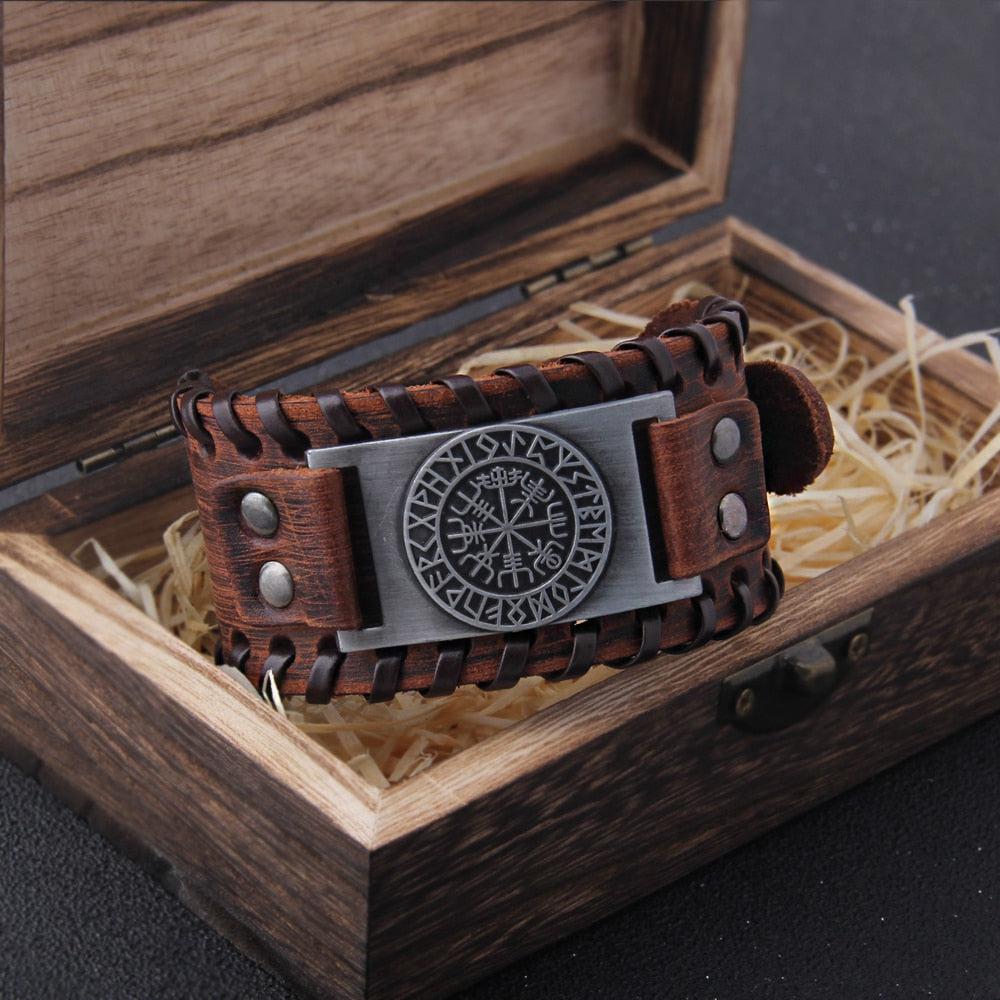 Viking Vegvisir Compass Rune Circle Plate Leather Buckle Cuff Bracelet