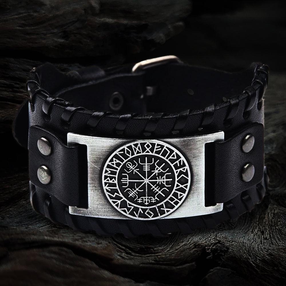 Viking Vegvisir Compass Rune Circle Plate Leather Buckle Cuff Bracelet