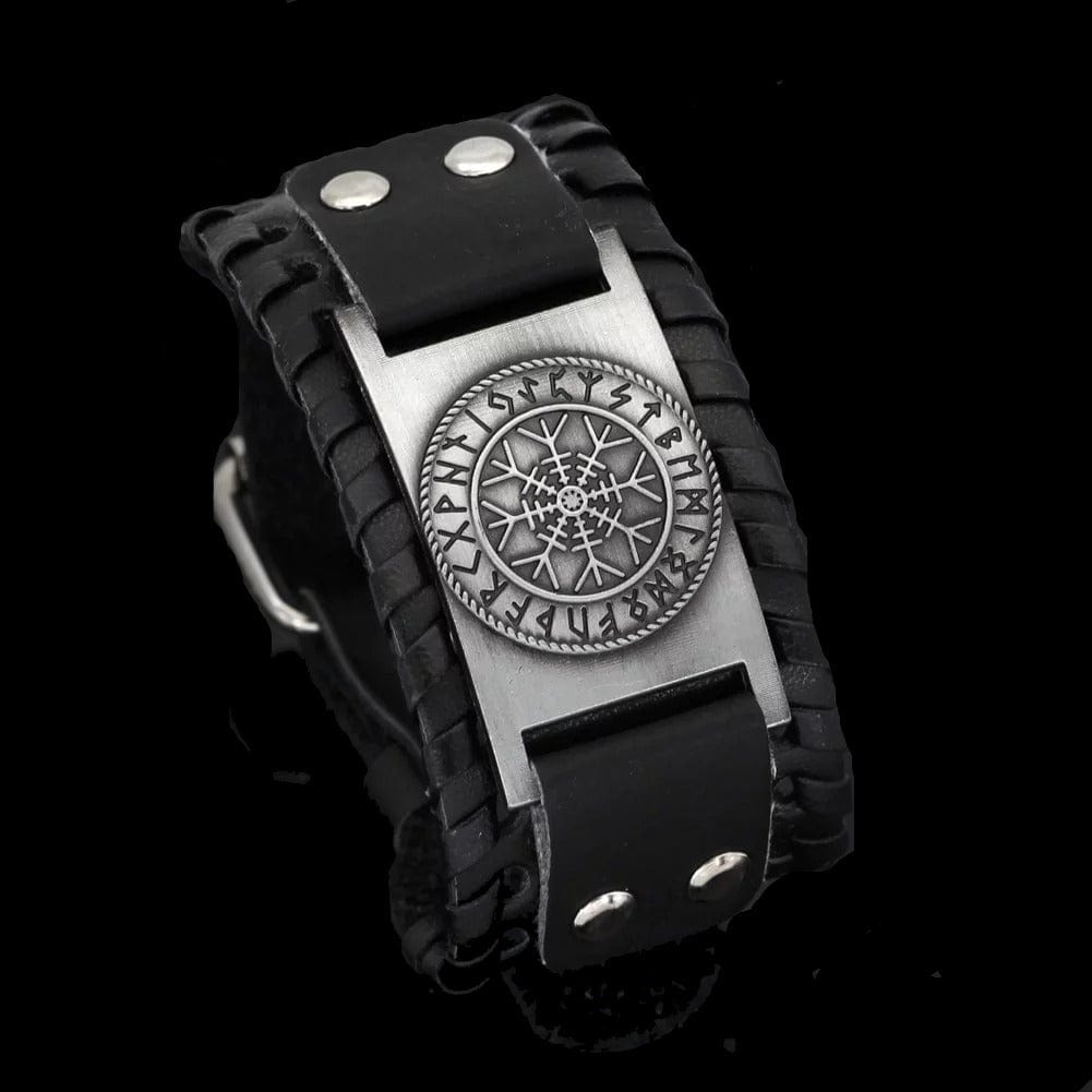 Viking Vegvisir Compass Rune Circle Plate Leather Buckle Cuff Bracelet