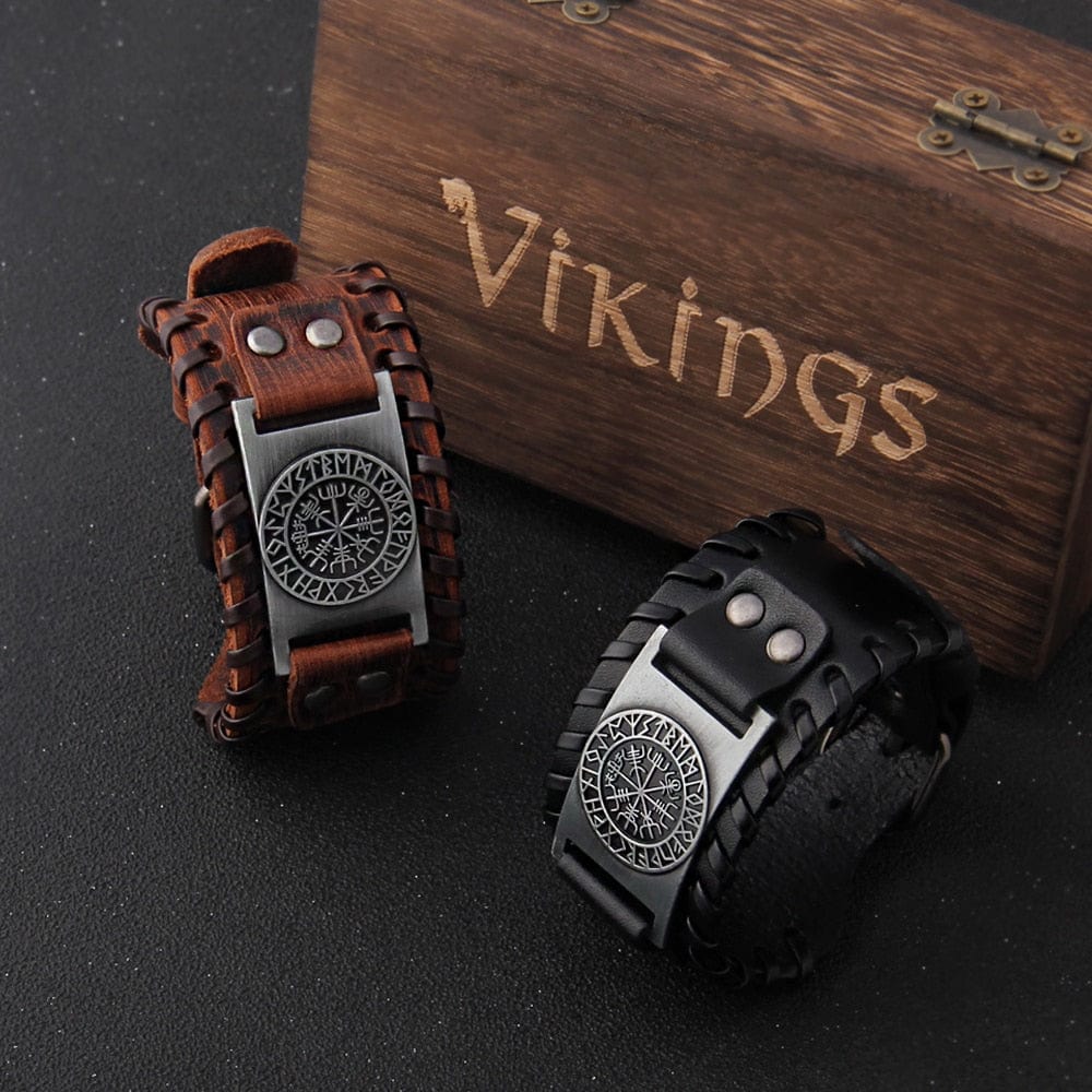 Viking Vegvisir Compass Rune Circle Plate Leather Buckle Cuff Bracelet