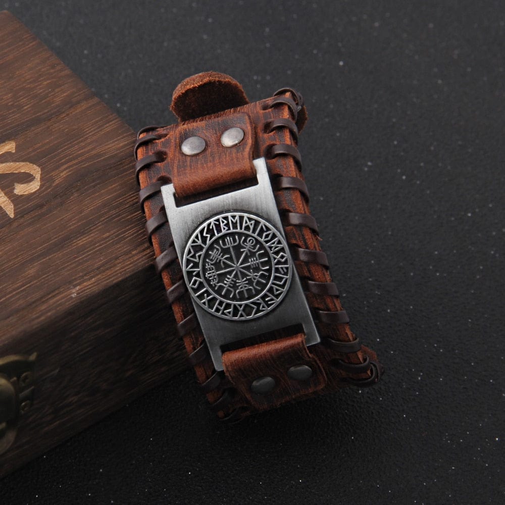 Viking Vegvisir Compass Rune Circle Plate Leather Buckle Cuff Bracelet