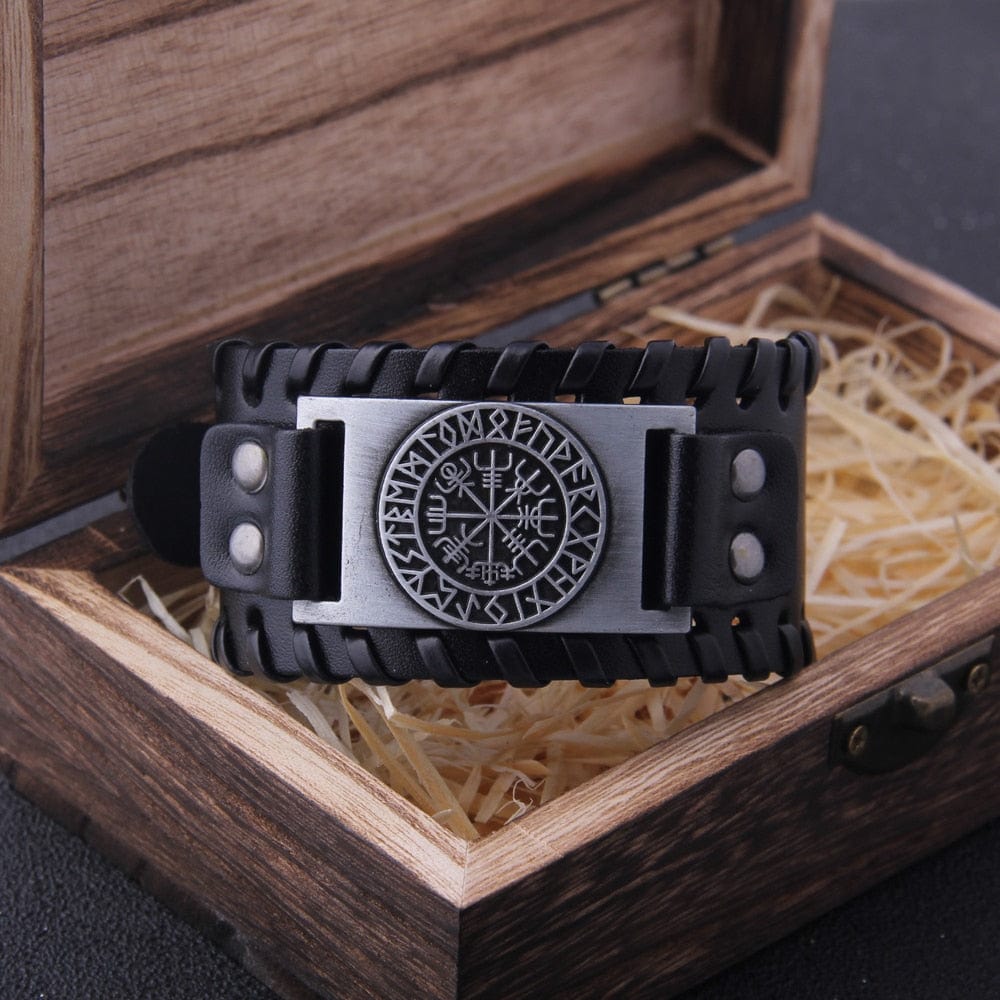 Viking Vegvisir Compass Rune Circle Plate Leather Buckle Cuff Bracelet