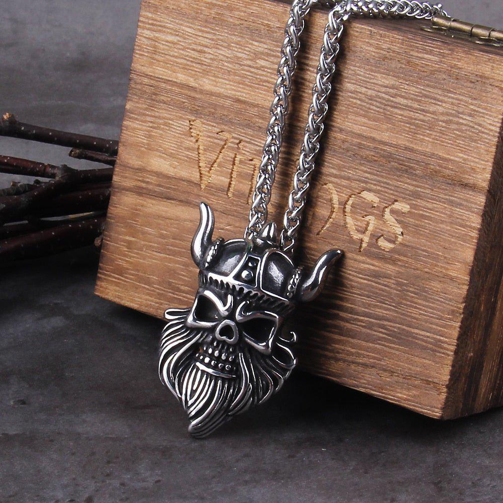 Viking Warrior Steel Skull Pendant Necklace