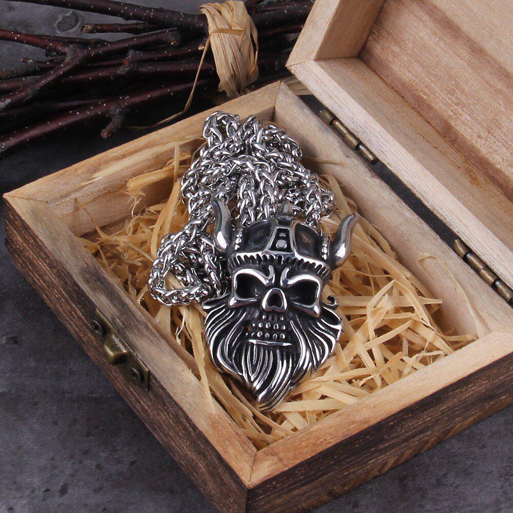 Viking Warrior Steel Skull Pendant Necklace