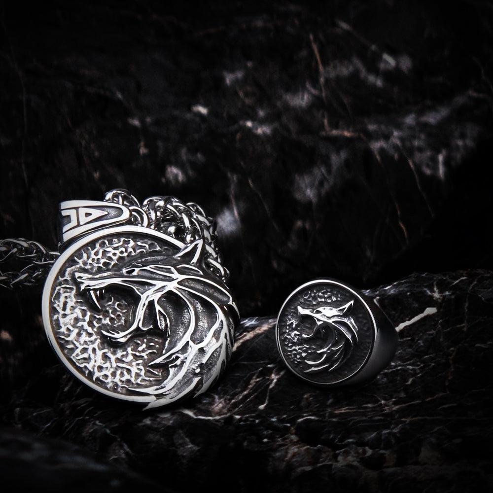 Viking Wolf Head Necklace & Ring Set | Stainless Steel Norse Jewelry