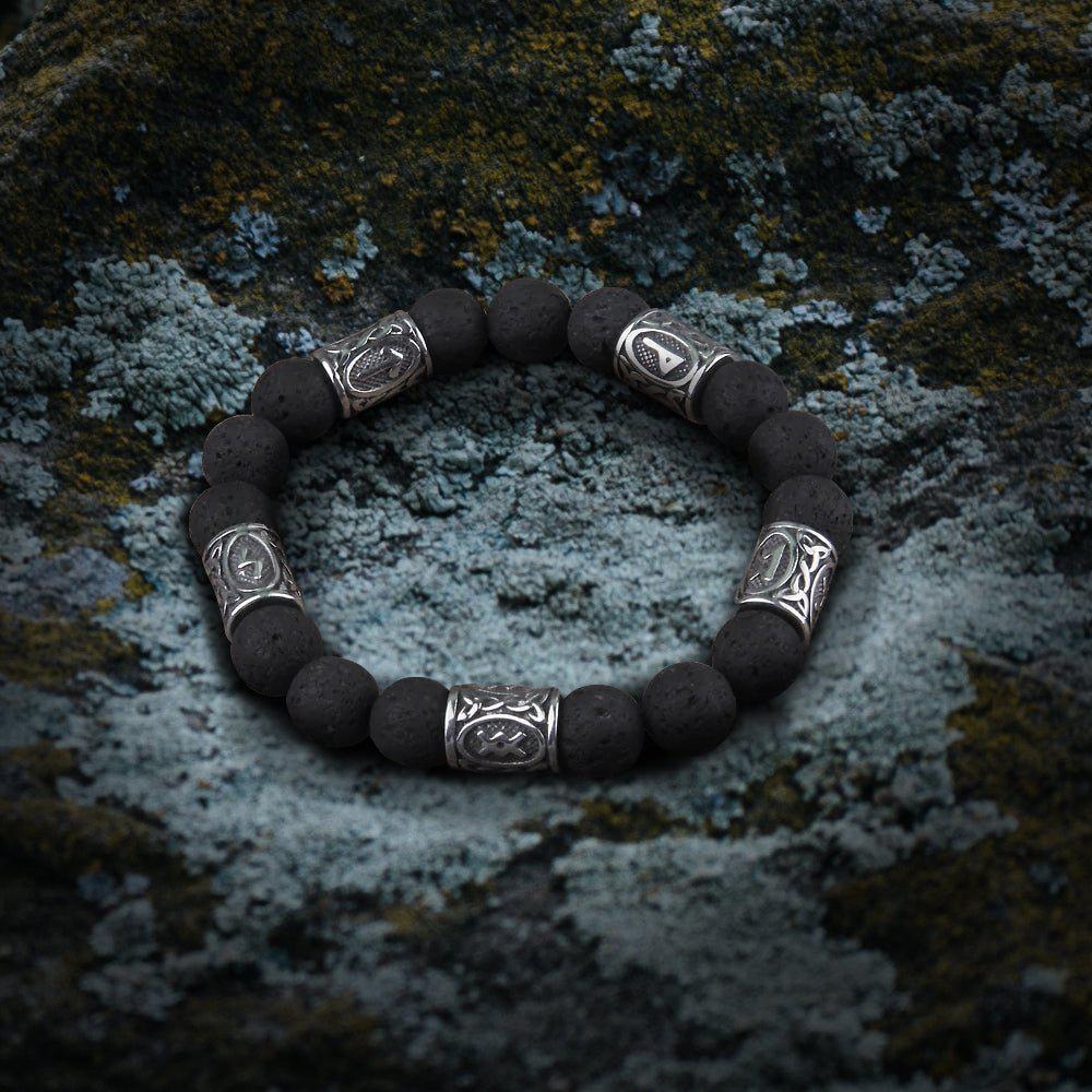 Volcanic Stone and Steel Futhark Bead Bracelet