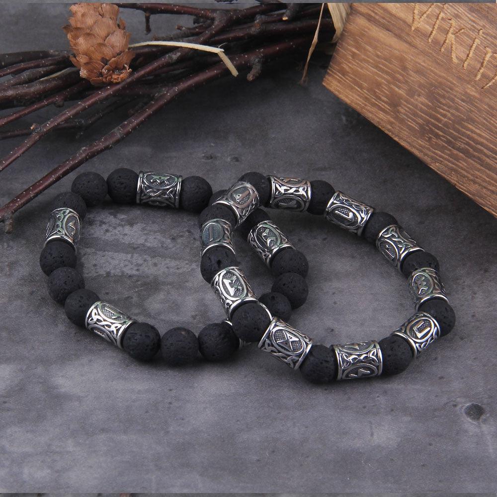 Volcanic Stone and Steel Futhark Bead Bracelet