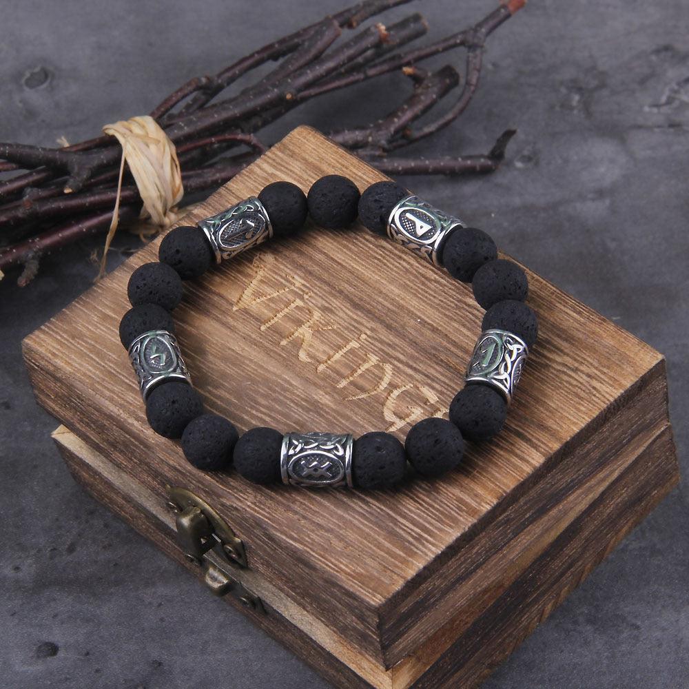 Volcanic Stone and Steel Futhark Bead Bracelet