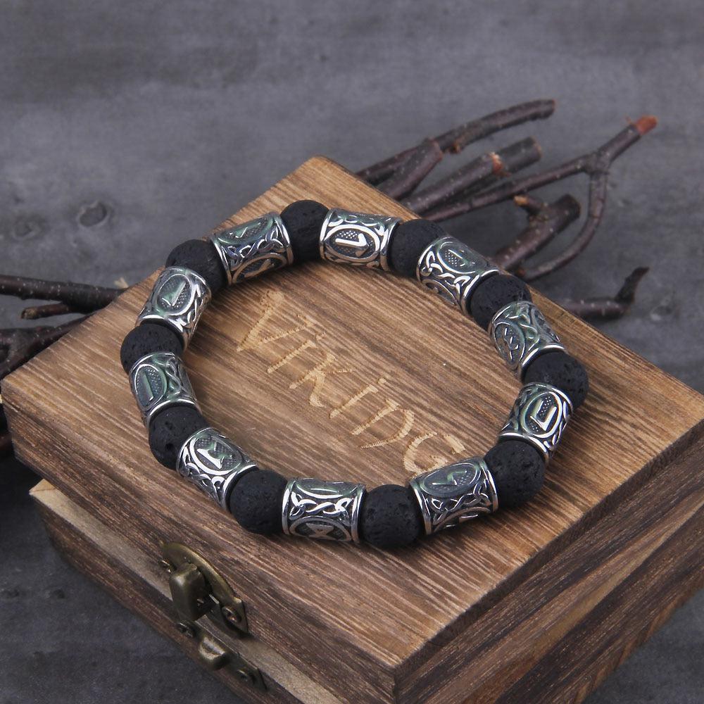 Volcanic Stone and Steel Futhark Bead Bracelet