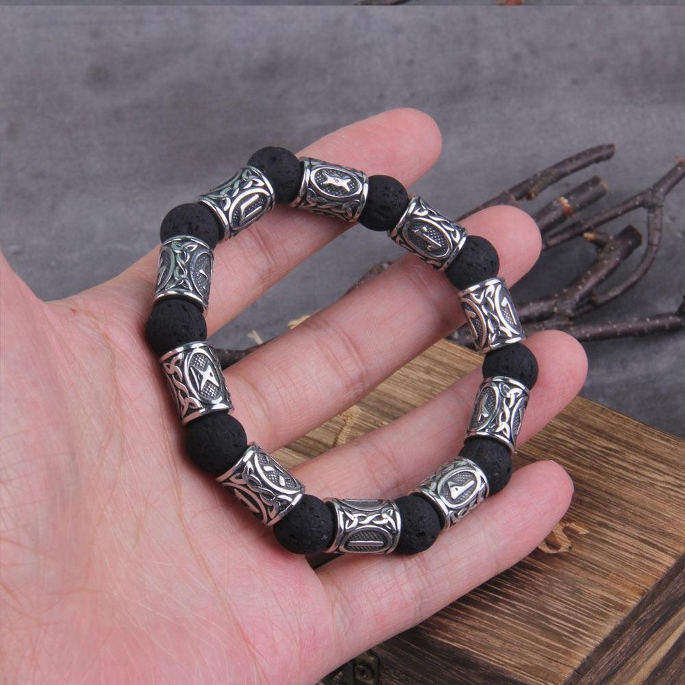 Volcanic Stone and Steel Futhark Bead Bracelet