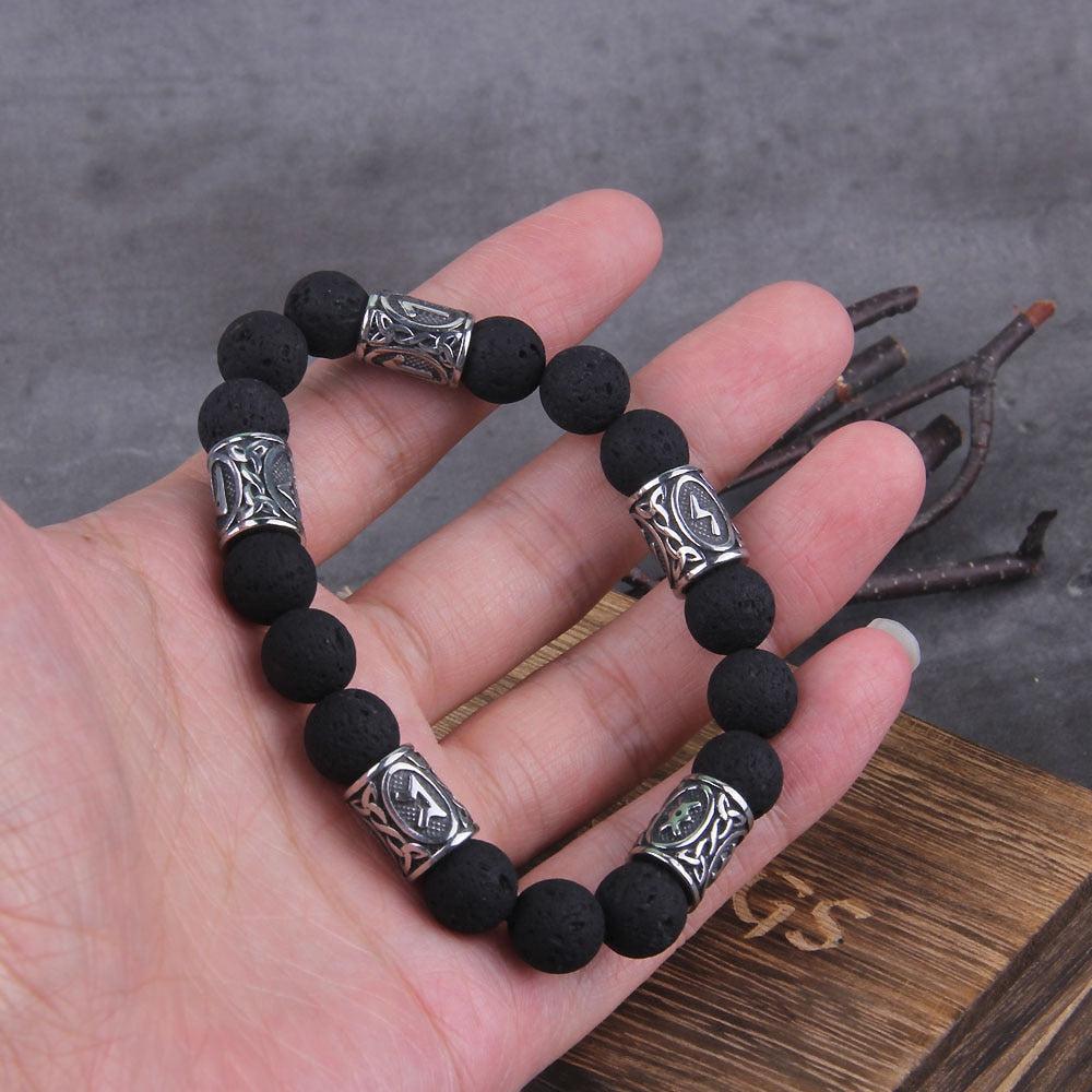 Volcanic Stone and Steel Futhark Bead Bracelet