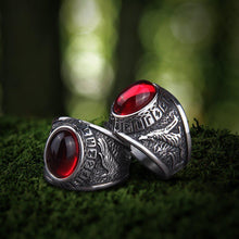 Load image into Gallery viewer, Wolves and Ravens of Odin Futhark Talisman Signet Ring | Handcrafted
