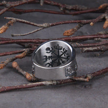 Load image into Gallery viewer, Wolves and Ravens of Odin Futhark Talisman Signet Ring | Handcrafted
